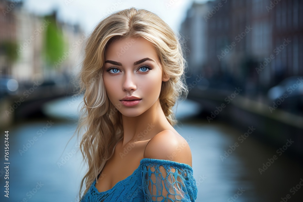 Stunning scandinavian girl with lara crofts face in blue dress on amsterdam bridge - obrazy, fototapety, plakaty 