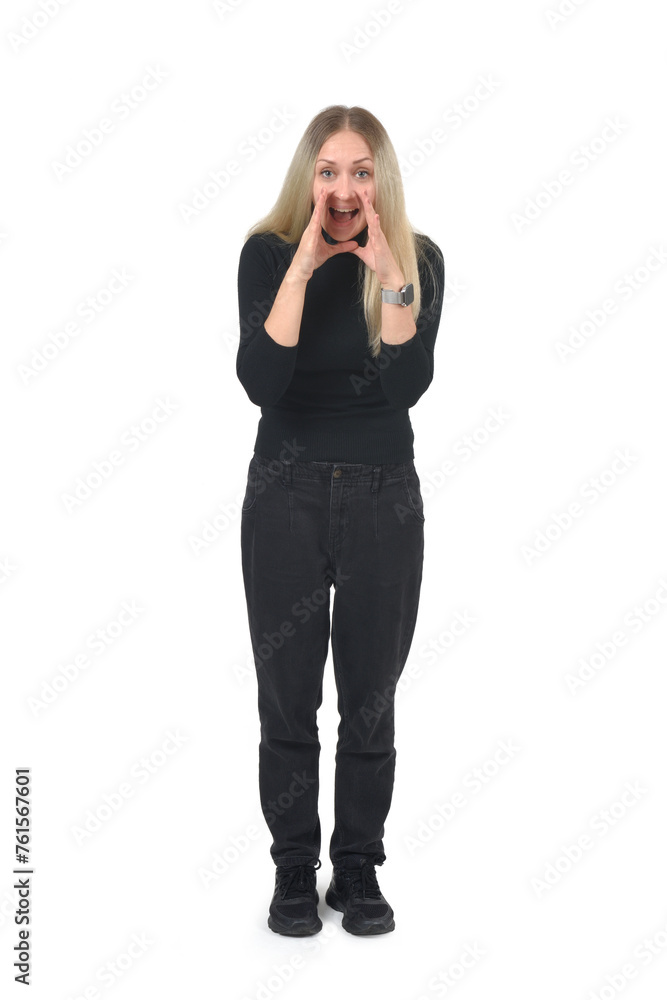 front view of a standing woman who is screaming on white background front view of a standing woman who is screaming on white background
