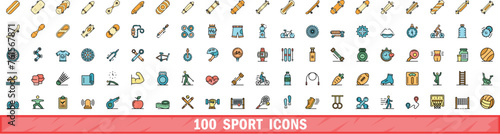 100 sport icons set. Color line set of sport vector icons thin line color flat on white