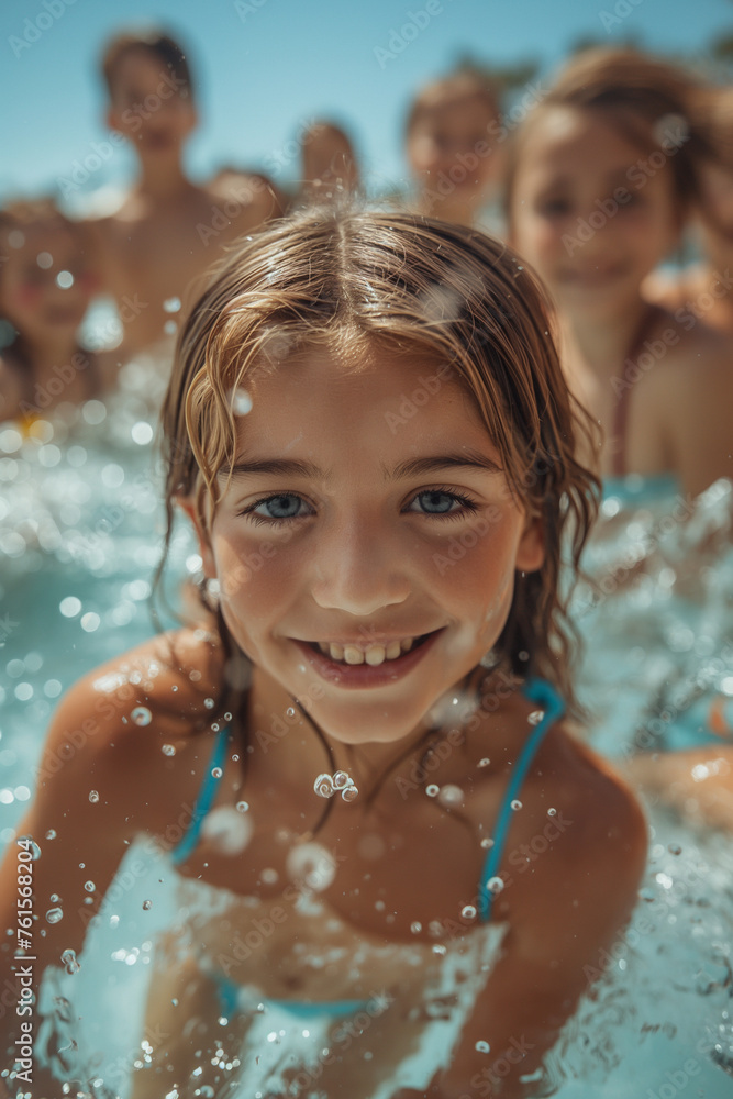 Many children having a party in a pool Many children having a party in a pool