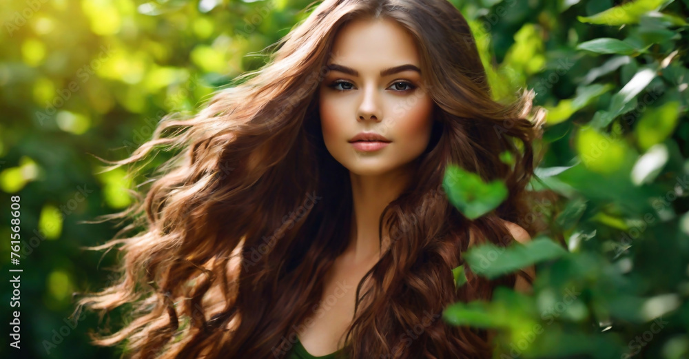 The strong, healthy long hair of a brown-haired beautiful girl with brown hair, shining in the sun, is developing, the concept of cosmetics for healthy hair The strong, healthy long hair of a brown-haired beautiful girl with brown hair, shining in the sun, is developing, the concept of cosmetics for healthy hair