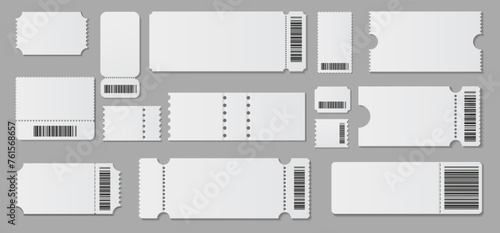 Realistic empty coupons or tickets with bar codes with information or details. Vector isolated blank pieces of paper, admission or entrance cards to movie or theater. Voucher for shops