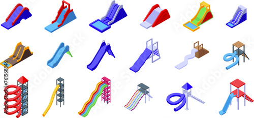 Water slide icons set isometric vector. Aquapark ride spiral. Amusement recreation