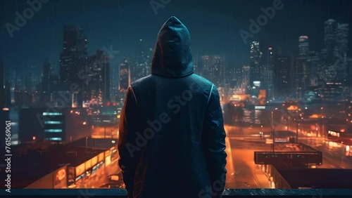 Hacker computer cybercriminal criminal with a jacket and a hood on the background of a big city at night. Concept computer data security photo