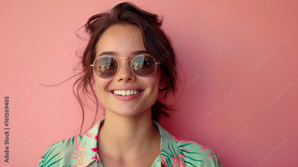 Portrait of a young girl wear sunglasses smiling a summer shirt Portrait of a young girl wear sunglasses smiling a summer shirt