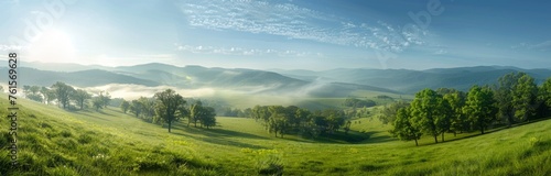 A panoramic view of the misty morning in Cade technological valley, blue sky and green grass, mist on top of distant hills, bright sunlight casting long shadows over the meadow Generative AI