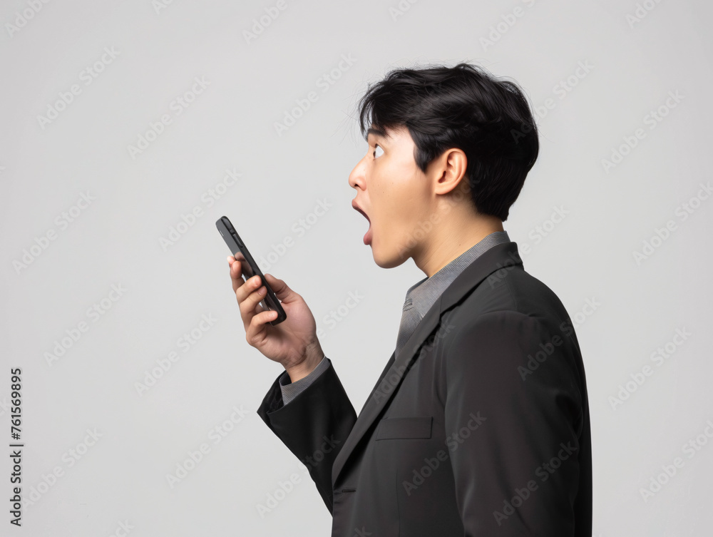 Exaggerated surprised face of business people character look at mobile phone Exaggerated surprised face of business people character look at mobile phone