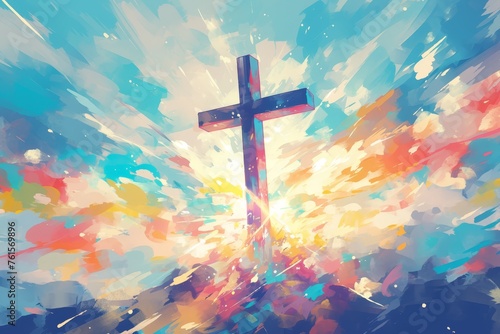 Watercolor illustration of the cross shining in clouds, vibrant colors photo