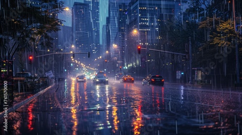 street of a city at night with rain and traffic dark day