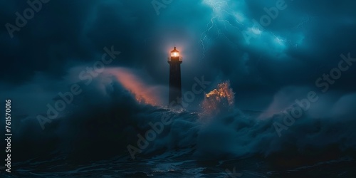 A lighthouse is lit up in the dark, with the waves crashing in the background