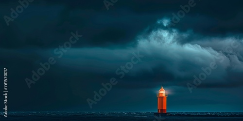 A lighthouse is lit up in the dark, stormy night