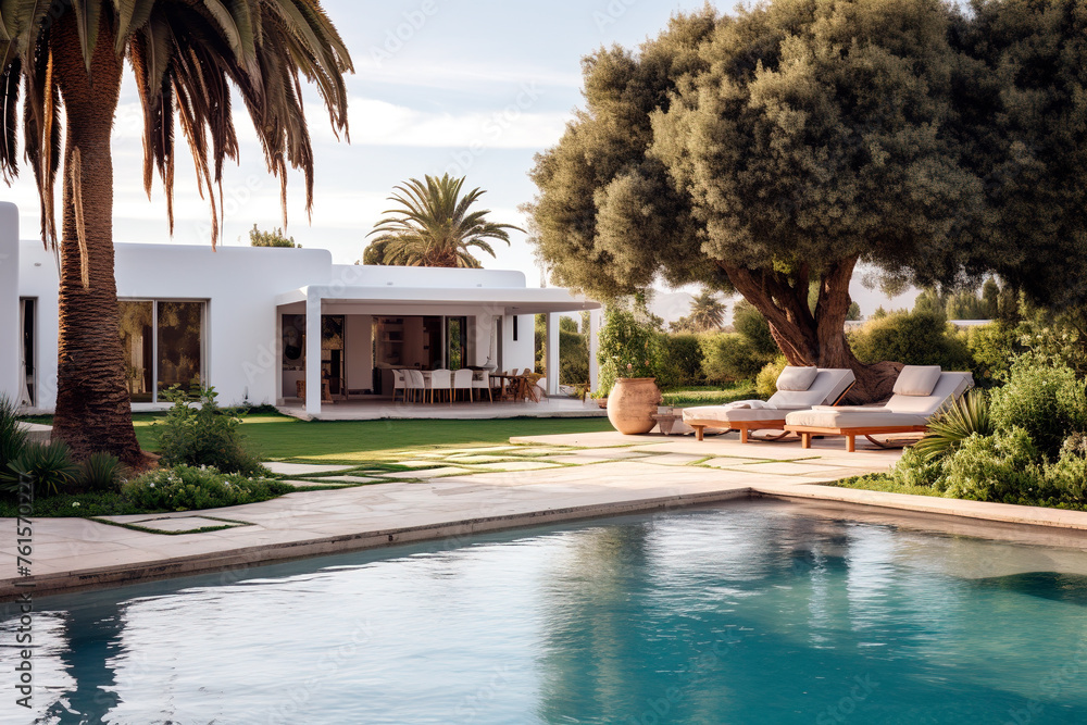 Fototapeta premium Luxury modern vacation home with a swimming pool. Sunbeds, relaxing vacation Mediterranean 