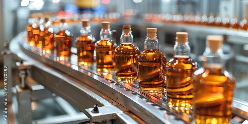 A row of bottles on a conveyor belt A row of bottles on a conveyor belt