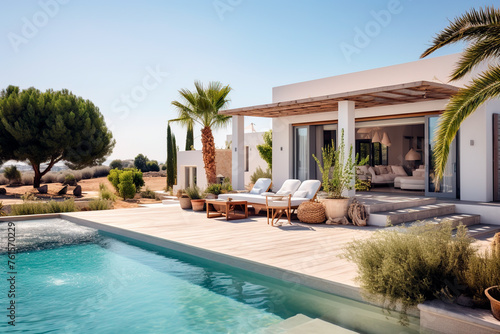 Luxury modern vacation Villa with a swimming pool. Sunbeds, relaxing vacation Mediterranean	
