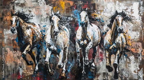 Abstract modern painting, metal elements, textured background, horses and animals, oil on canvas