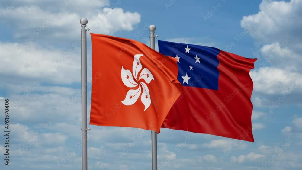 Samoa and Hong Kong two flags waving together, looped video, two country cooperation concept Samoa and Hong Kong two flags waving together, looped video, two country cooperation concept