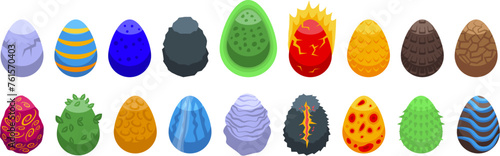 Dragon egg icons set isometric vector. Dinosaur cracks. Reptile shell energy
