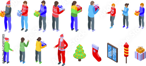 People give christmas presents icons set isometric vector. Celebrate holiday. Winter new year