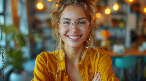 A cheerful woman in a yellow blouse enjoys her time in a cozy café, her smile reflecting a relaxed and happy demeanor.