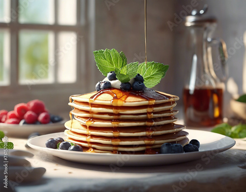 Stack of fresh pancakes with honey and berries on the table against the background of the window, AI generated