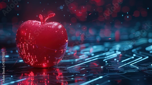 Futuristic digital red apple fruit with circuit big data technology. AI generated image photo