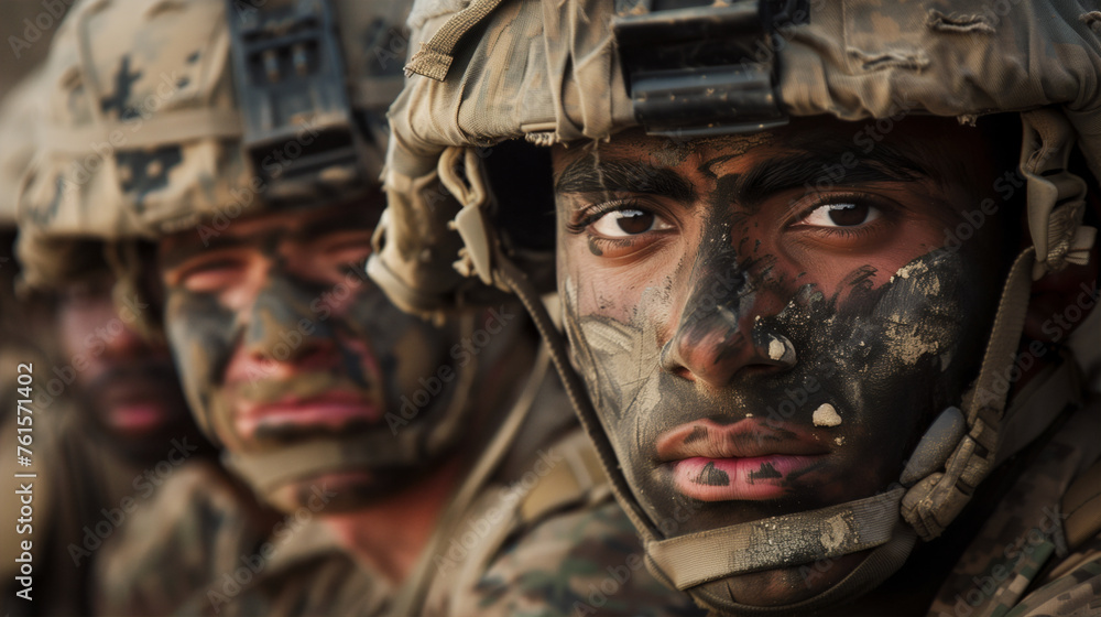 An intimate portrayal of camaraderie and readiness, a close-up of a soldier's face with tactical gear and camouflage paint speaks to the unspoken bonds and solemn duty of military service