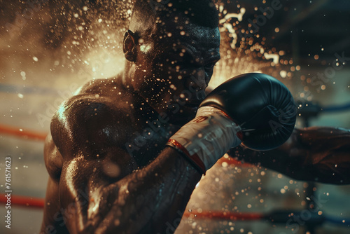 A boxer is in the middle of a boxing match, with his gloves on and his face showing determination