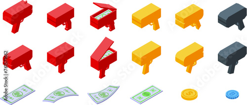 Money gun icons set isometric vector. Shoot toy cash. Spending dollar profit