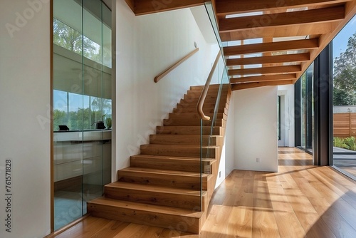 Wooden stairway in modern home.