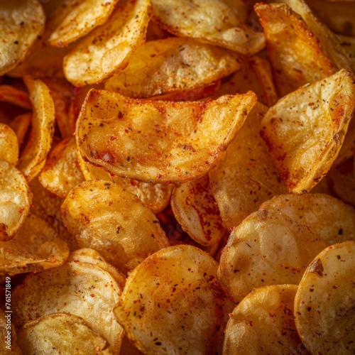 close up detailed photography of tasty chips, top view 