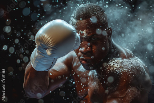 A boxer is in the middle of a boxing match, with his gloves on and his face showing determination