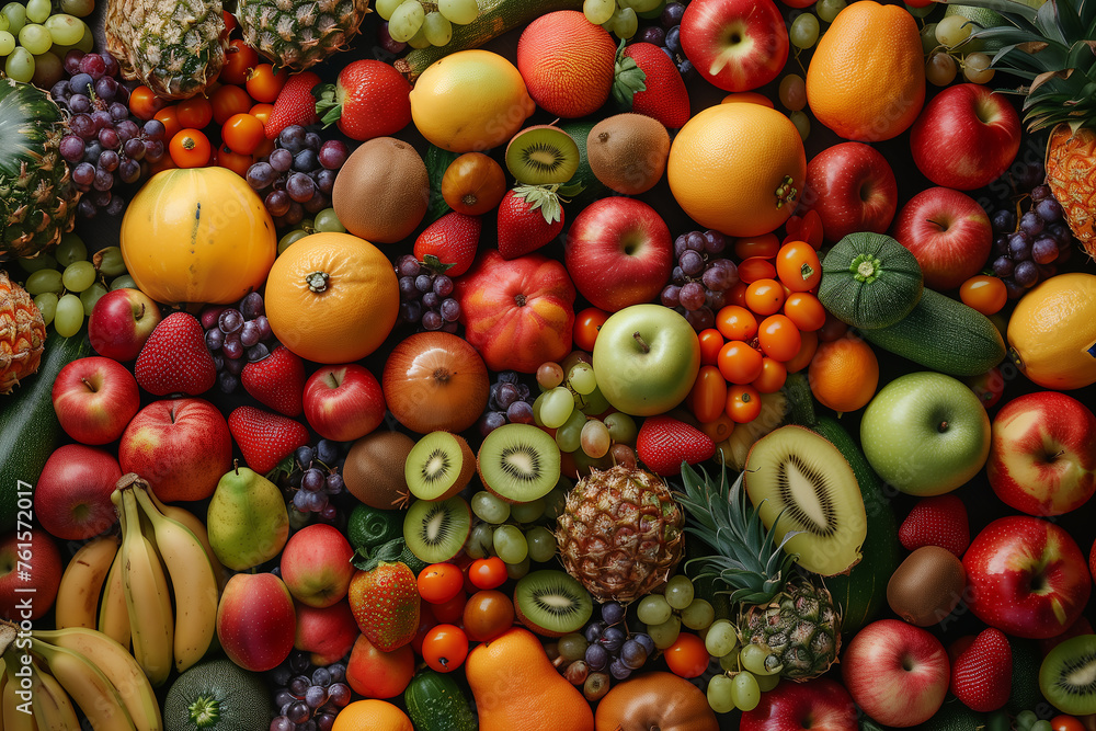 Top view of fresh assorted tropical fruits. bright color. Generative AI Image. Top view of fresh assorted tropical fruits. bright color. Generative AI Image.