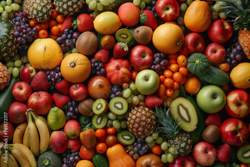 Top view of fresh assorted tropical fruits. bright color. Generative AI Image.