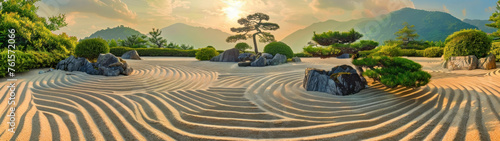 Zen Garden, Symmetrical sand patterns, Peaceful Meditation