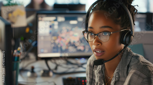 An attentive professional wearing a headset, her focused gaze fixed on a computer screen, embodies the essence of modern multitasking in a high-tech workplace photo