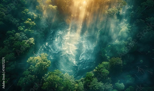 Sunlight flooding the rushing water of the waterfall. View from above © Olha