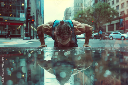 A man is doing a push up on a wet road. The image is blurry and has a sense of motion photo