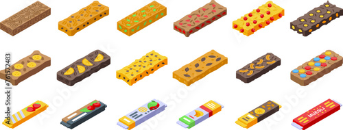 Muesli bar icons set isometric vector. Granola chocolate peanuts. Fruit organic