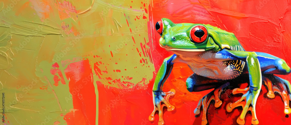 Joyful Leap, Frog on a vibrant background, Whimsical Wildlife - obrazy, fototapety, plakaty 