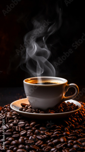 Steaming white ceramic cup of coffee on a saucer with coffee beans on a dark background, delicious drink