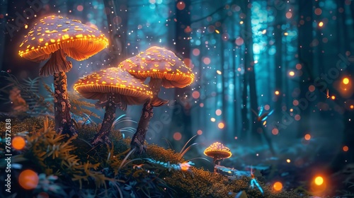 Enchanting Fairy Tale Forest with Magical Glowing Mushrooms and Fireflies