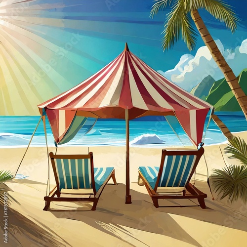 Two beach loungers under the tent on the beach.  © ilolab
