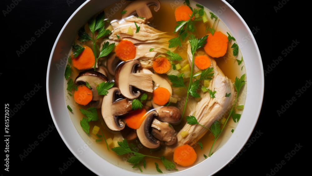 Plate with chicken soup, vegetables and mushrooms in a bowl garnished with parsley on a wooden table, top view, healthy nutrition concept Plate with chicken soup, vegetables and mushrooms in a bowl garnished with parsley on a wooden table, top view, healthy nutrition concept