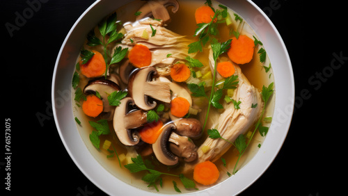 Plate with chicken soup, vegetables and mushrooms in a bowl garnished with parsley on a wooden table, top view, healthy nutrition concept