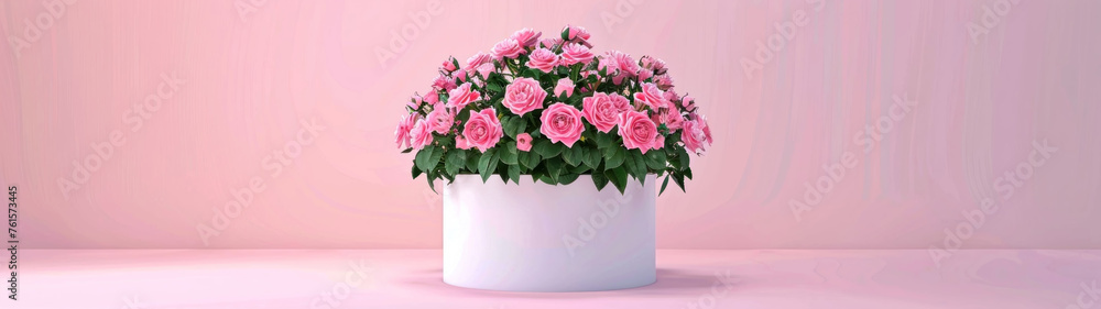 Elegant circular floral arrangement with lush pink roses on a cylindrical podium, perfect for events like anniversaries or Mother's Day - obrazy, fototapety, plakaty 