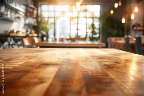 Selective focus on wooden kitchen island. empty dining table with copy space for display products. clean countertop for cooking healthy food against blurred furniture