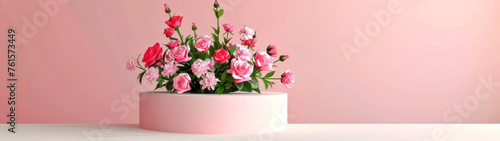 Elegant circular floral arrangement with lush pink roses on a cylindrical podium, perfect for events like anniversaries or Mother's Day