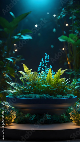 Luminous Podium with Bioluminescent Plants for promote Cosmetic Concept