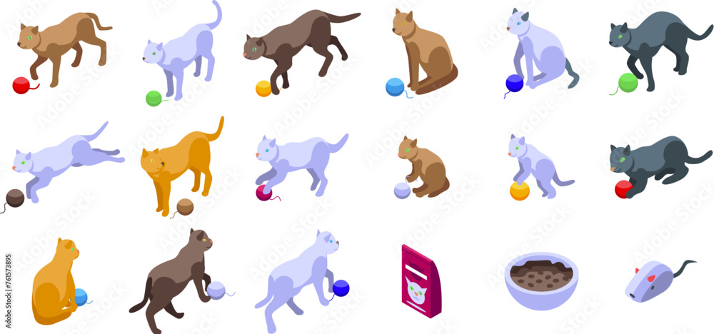 Obraz premium Cat playing yarn ball icons set isometric vector. Kitten animal. Cute pet posture