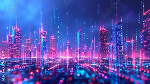 Futuristic city skyline with holographic data streams and neon lights  cyberpunk digital art